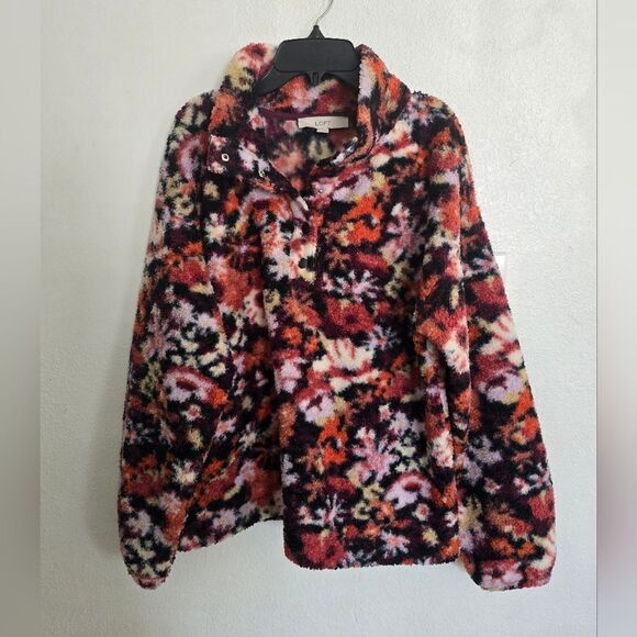 Loft Sherpa Floral Snap Collar Pullover Sweater Size Medium - Picture 2 of 10